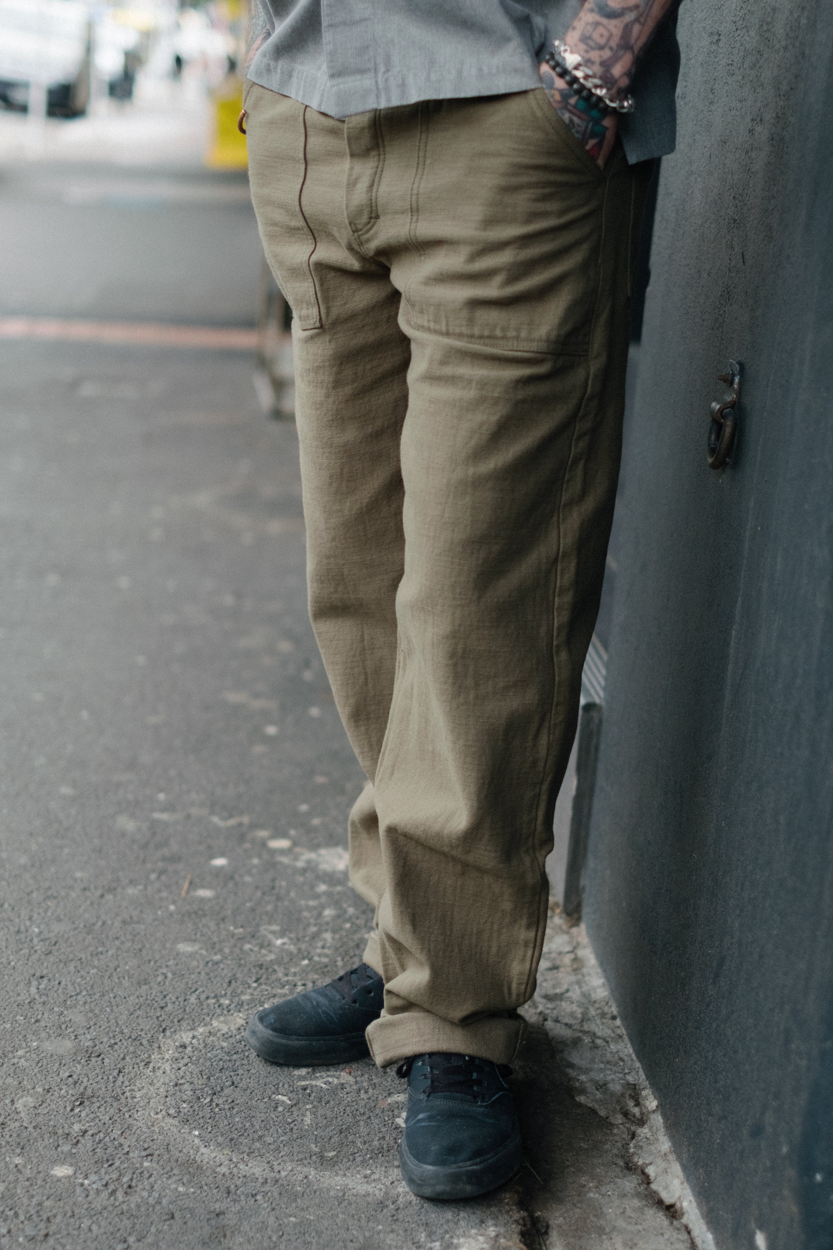Samurai 15oz Baker Pants | Olive Satin-Backed Fatigues | Made in