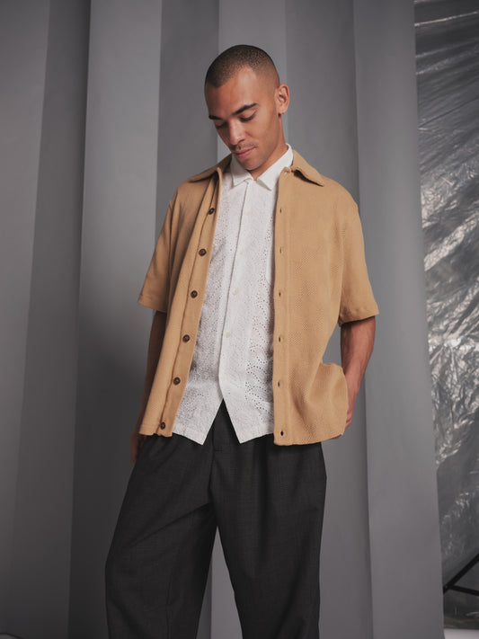 Button through polo in checkerboard knit - Sand