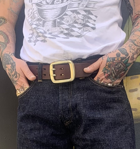 heavy duty, brass buckle and steer hide belt. made in osaka japan.