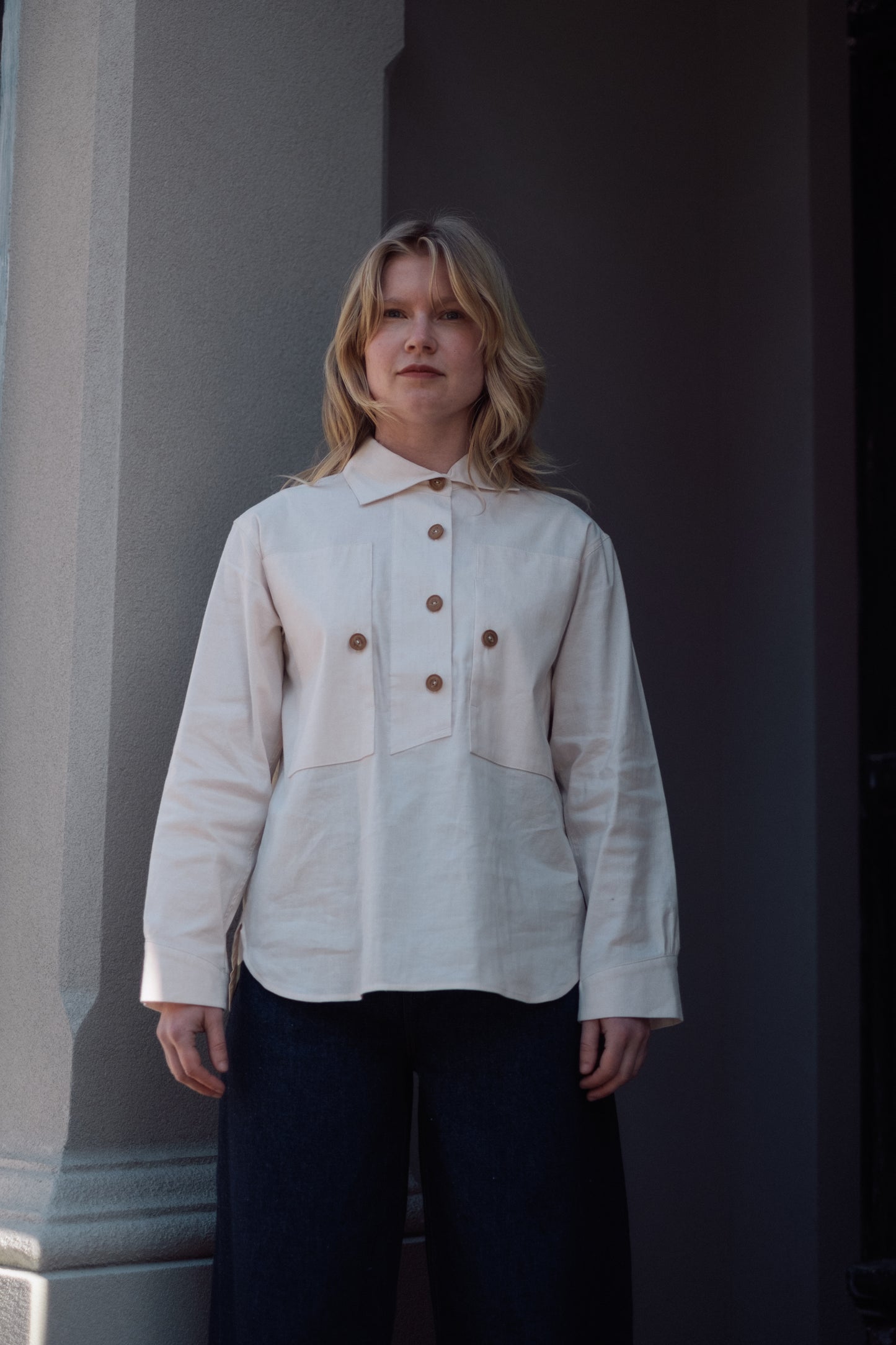 Pullover Smock Shirt  - off white slubbed chambray