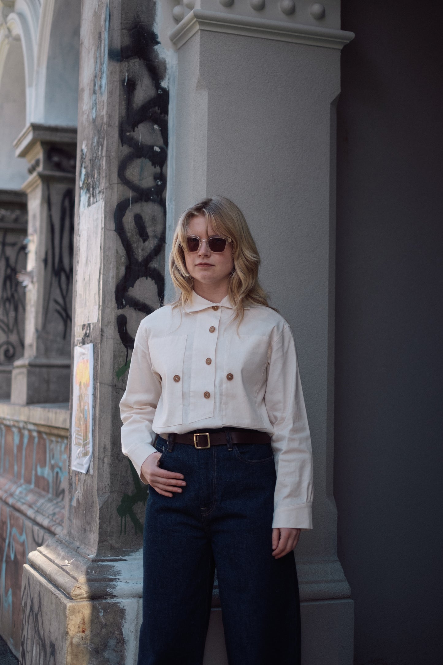 Pullover Smock Shirt  - off white slubbed chambray