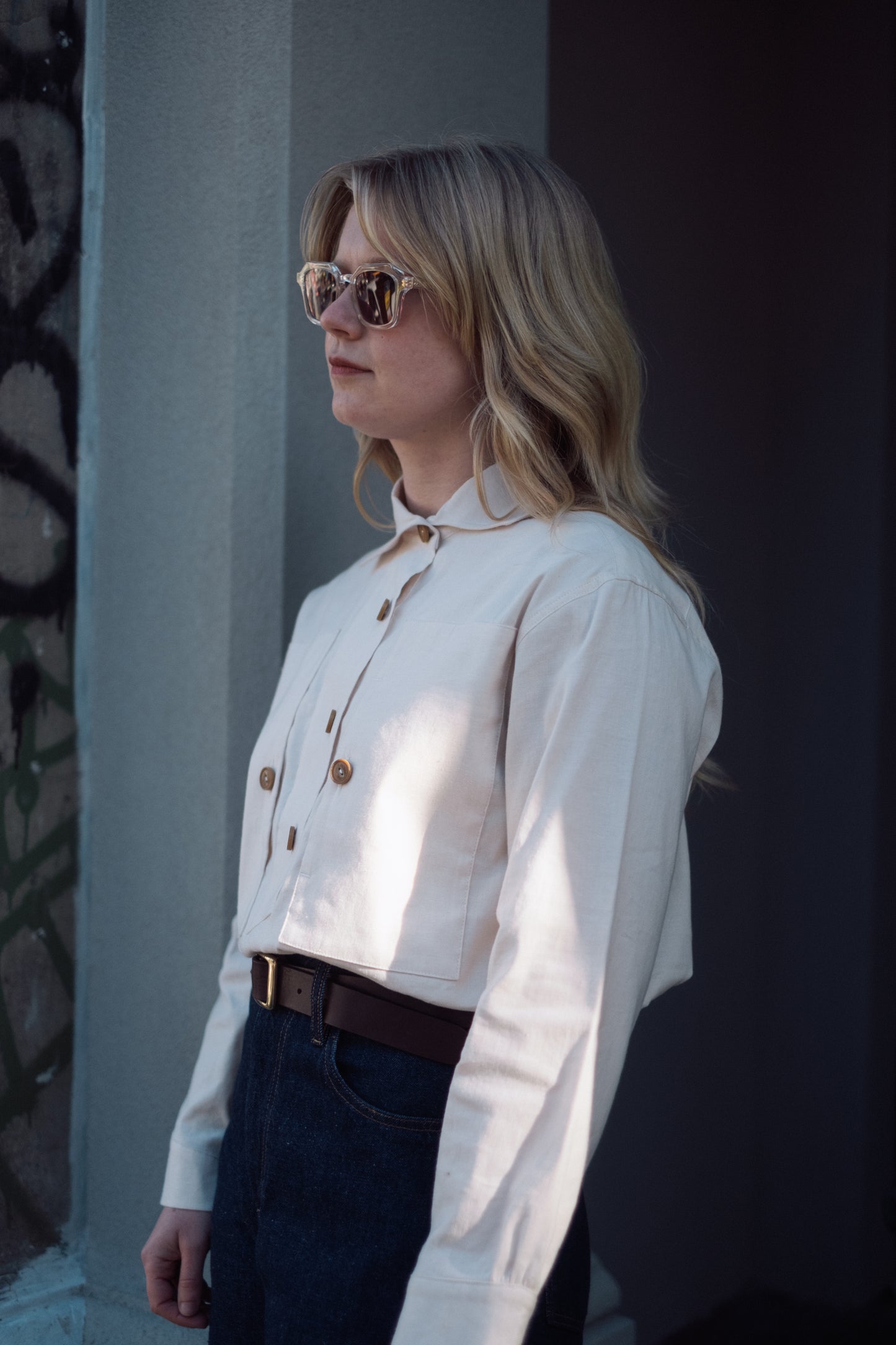 Pullover Smock Shirt  - off white slubbed chambray
