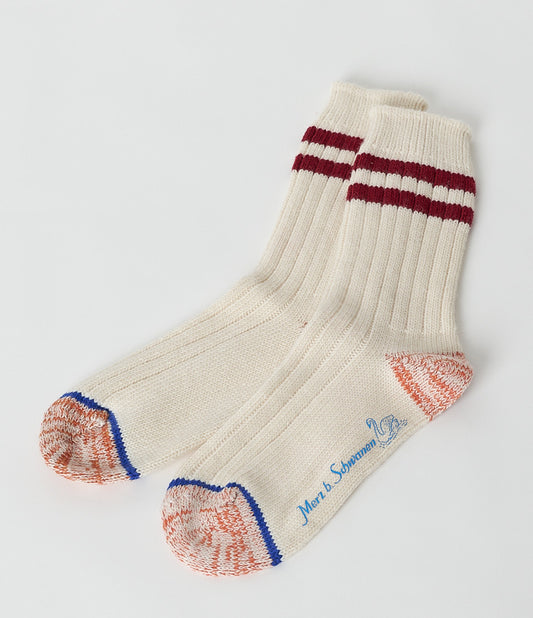 Striped Merino Sock - Off White & Dark Red