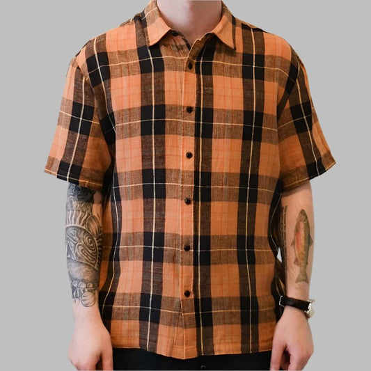 Linen Blend S/S Shirt - Black/Orange Rust