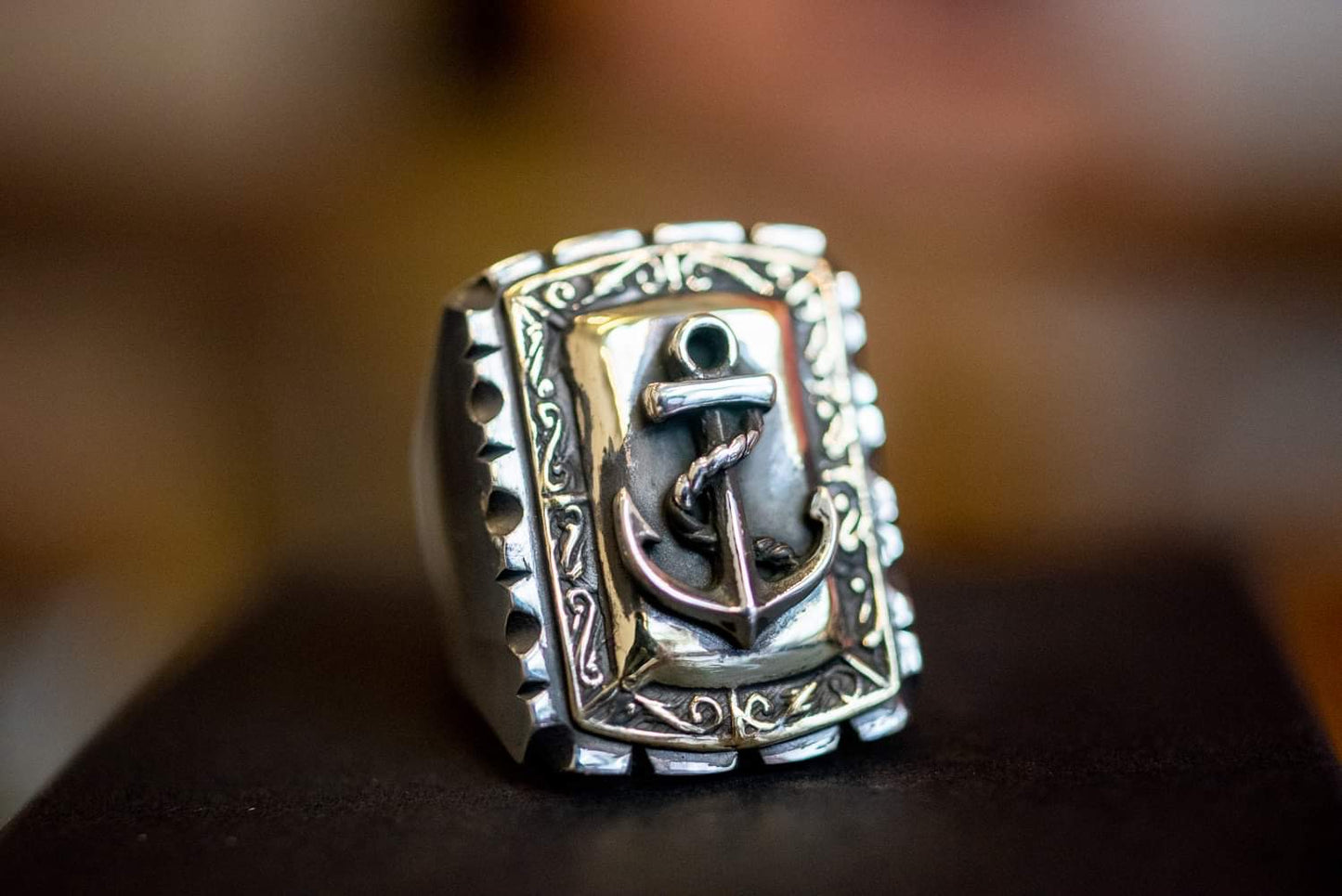 Sterling silver and brass ring, featuring an anchor emblem, handmade in South Korea.