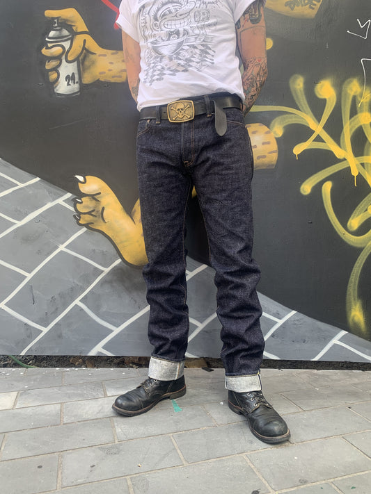 these 15oz slim tapered jeans are made from japanese indigo selvedge denim that has fast fades. made in osaka. sold at That was then This is now.